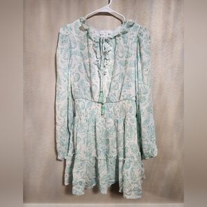 House of Harlow 1960 paisley green mini dress with Ruffled Sleeves